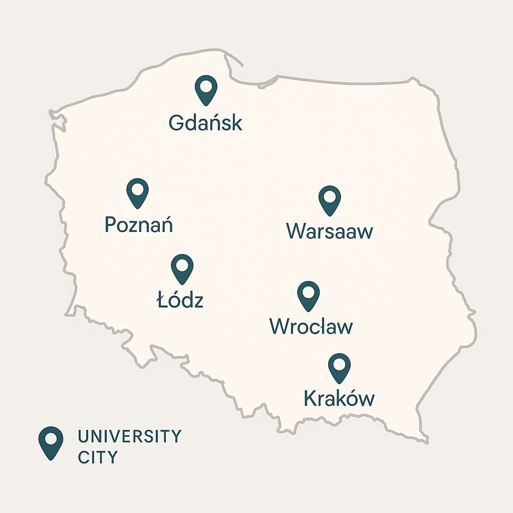 Map of Poland highlighting major university cities like Warsaw, Krakow, Wroclaw, Gdansk, Poznan, and Lodz