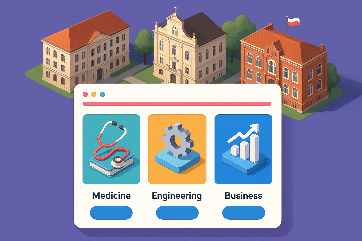 Interactive course selection interface showing various fields of study at Polish universities