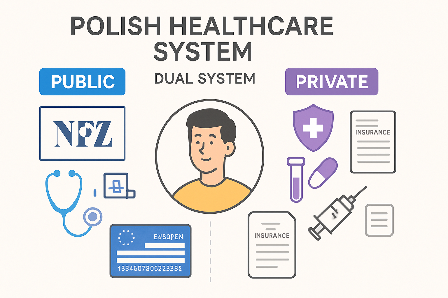 Infographic showing Poland's dual healthcare system with public NFZ and private healthcare options