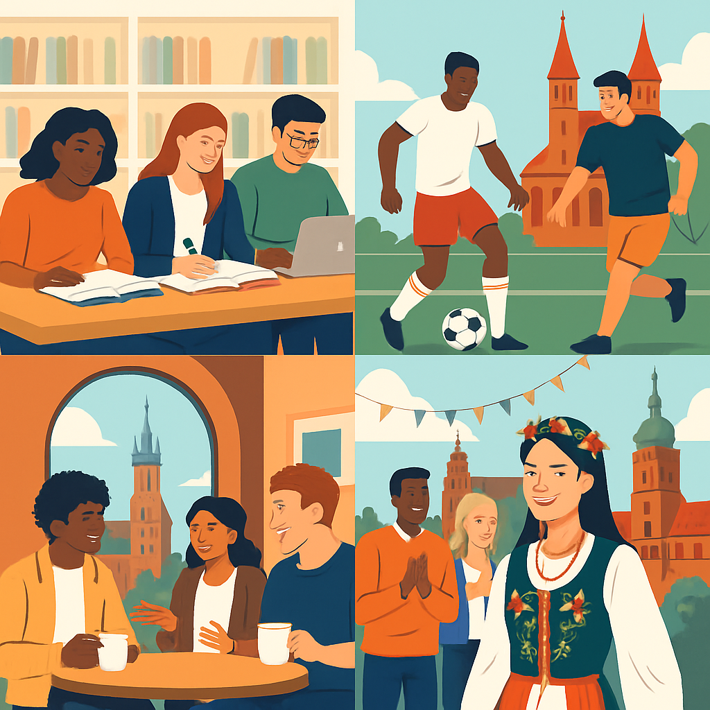 International students enjoying diverse aspects of campus life in Poland